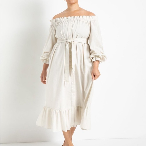 Eloquii Linen Black Dress Button Front Long Sleeves Round Neck Ruffle Hem Midi - Picture 6 of 10